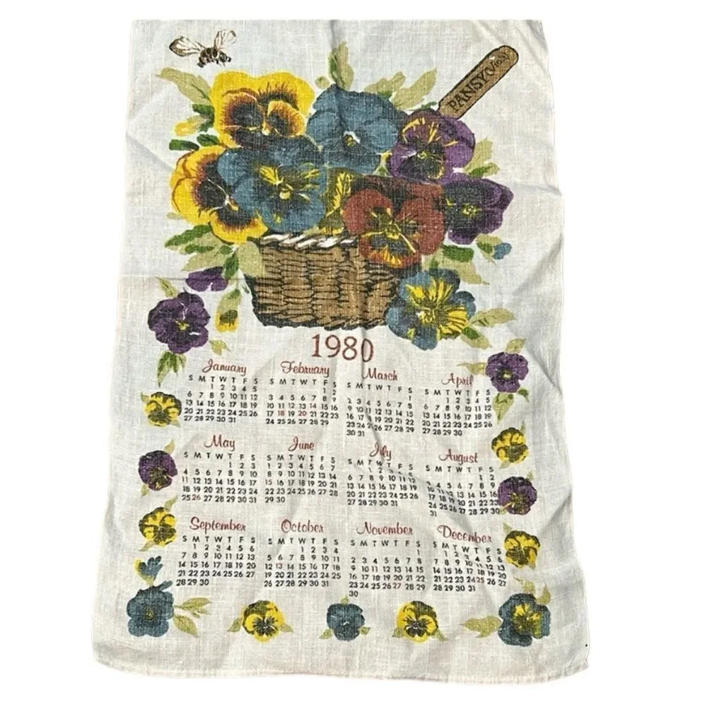 Vintage 1980 calendar with pansies tea towel